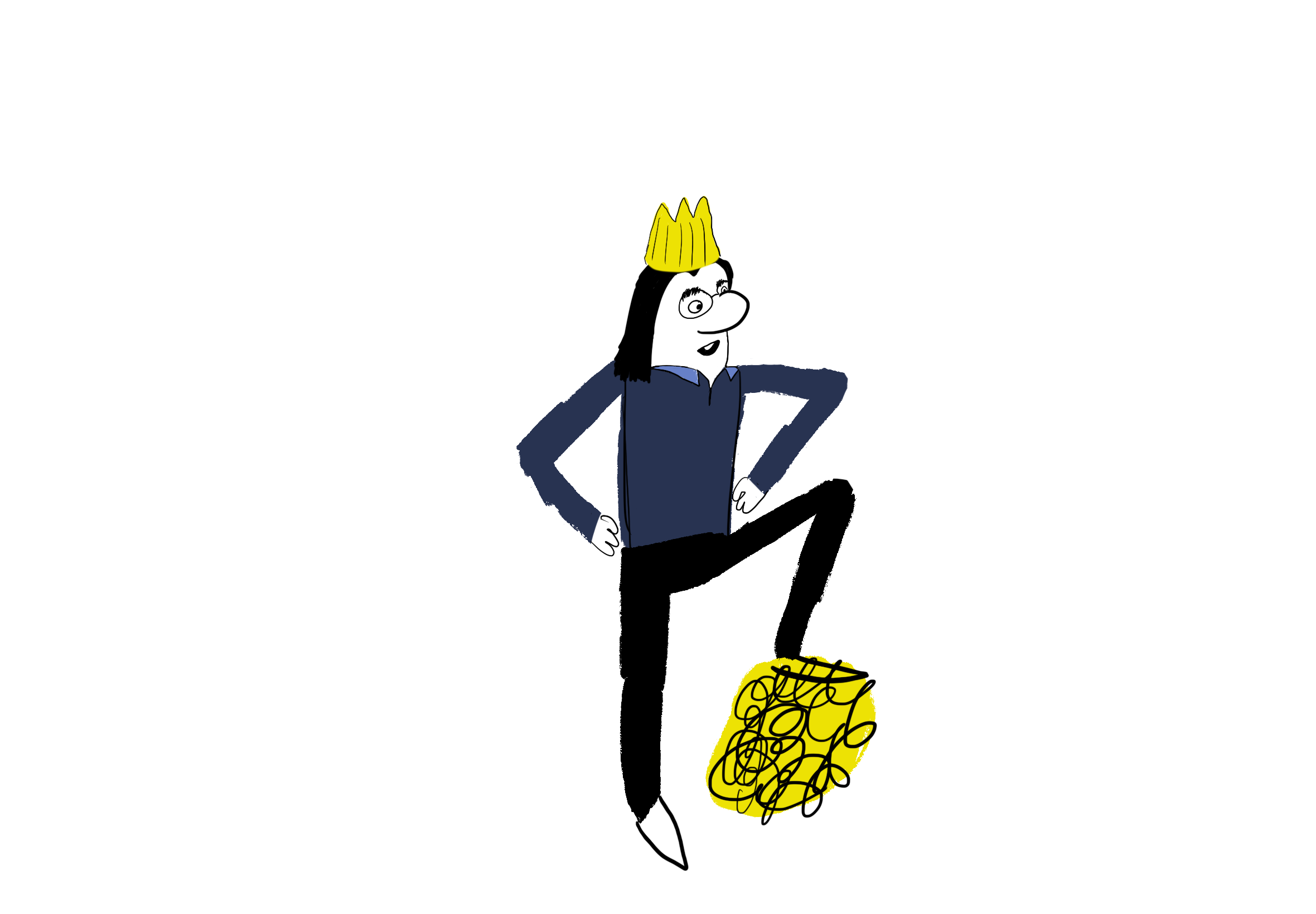 A crowned character celebrating a sale, with a gold coin.