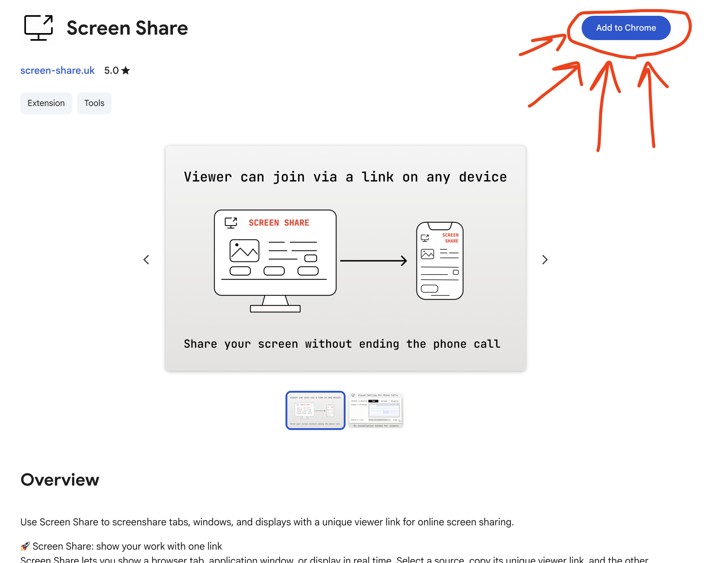 Screen Share in the Chrome Web Store.