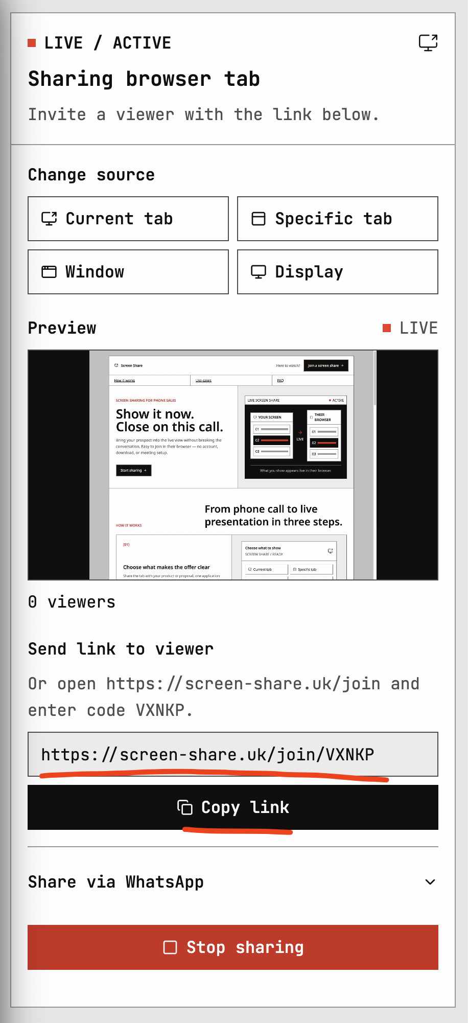 Copying a viewer link in Screen Share.