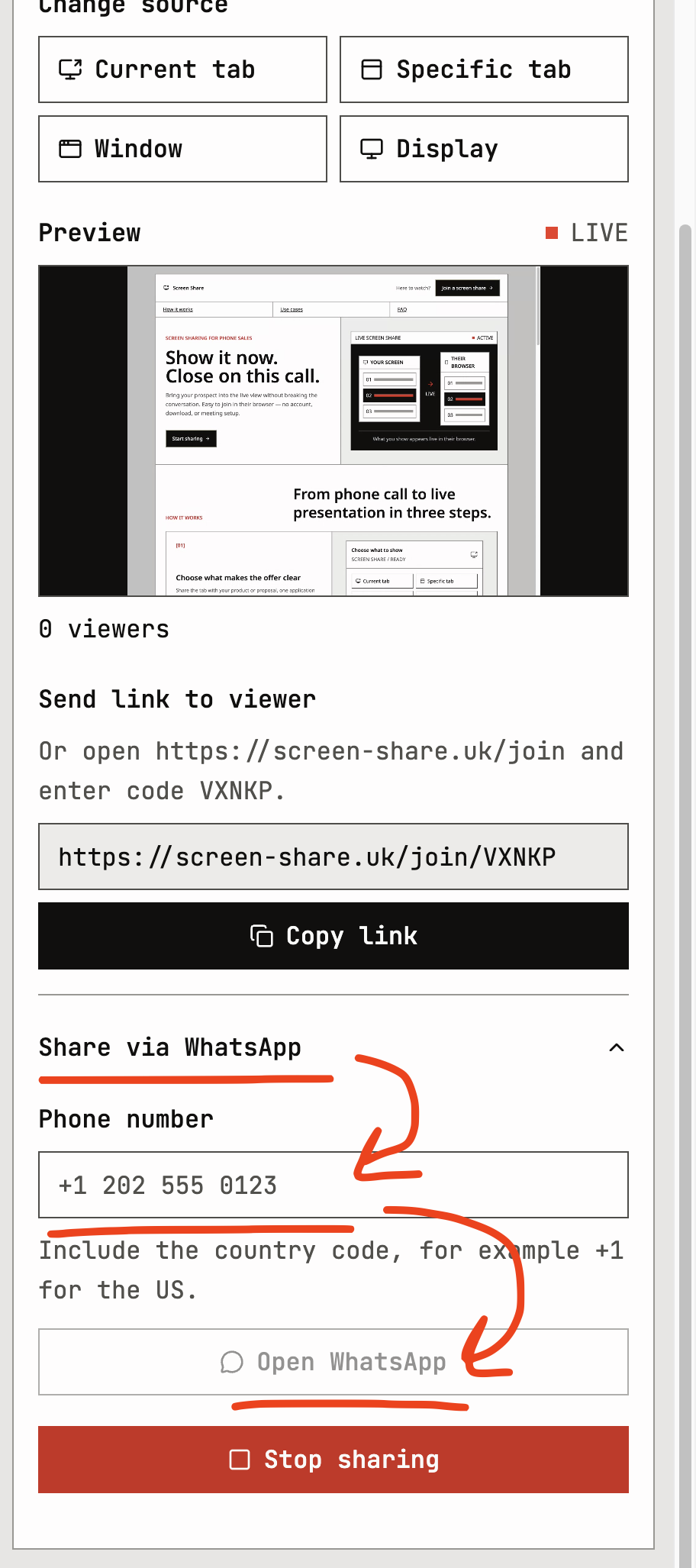 Sharing a viewer link through WhatsApp.