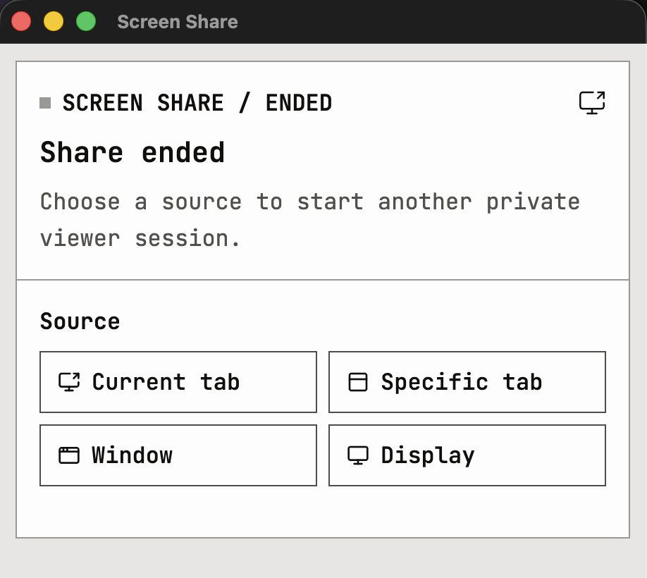 Screen Share source options: Current tab, Specific tab, Window, and Display.